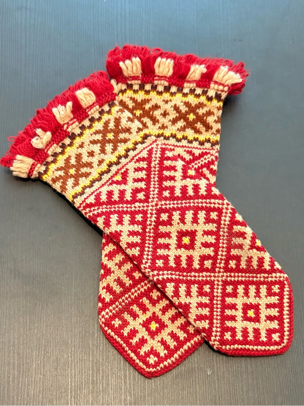 Hand knitted warm Latvian traditional winter mittens in red and yellow- New - Picture 3 of 3